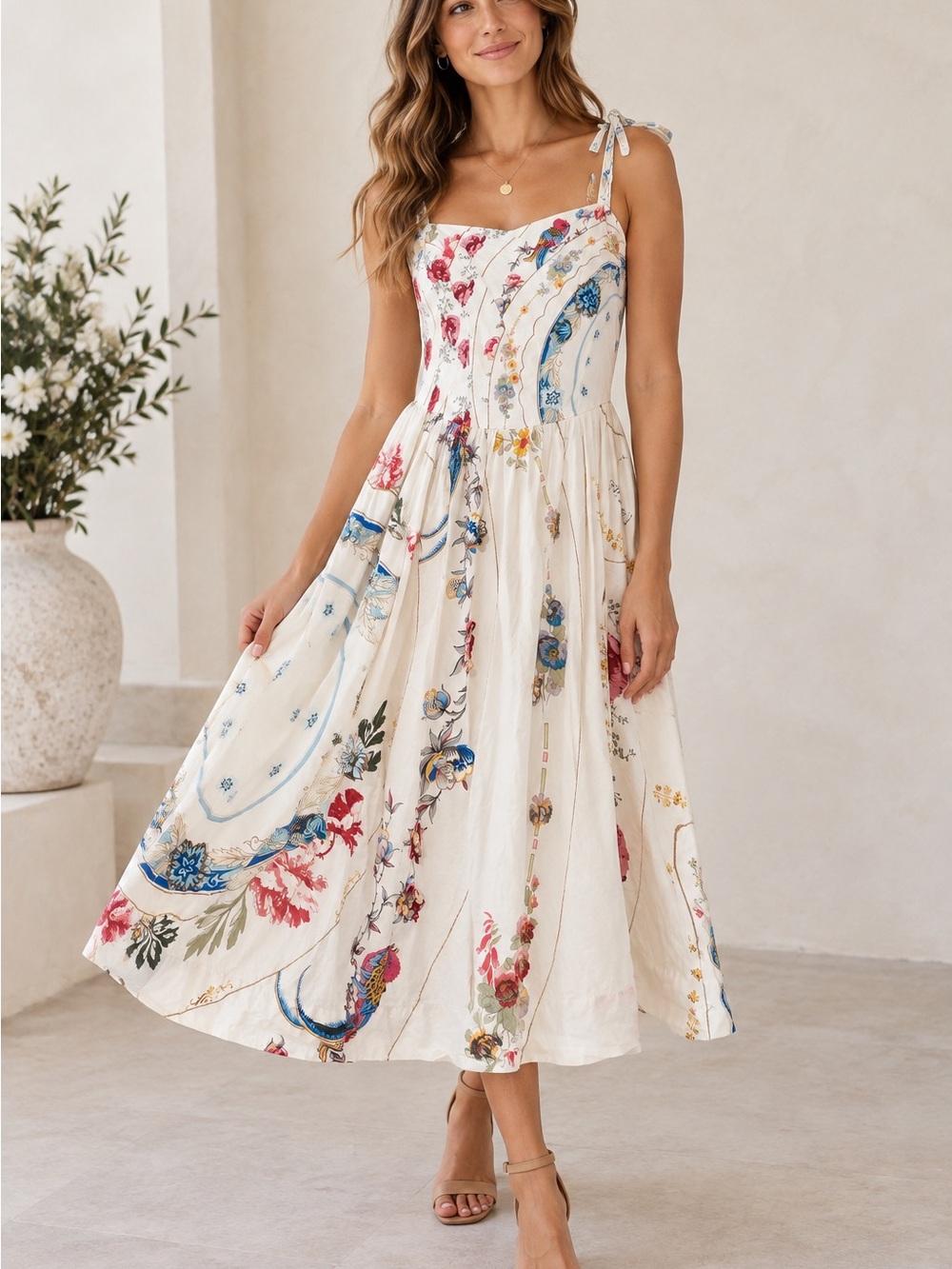 Anthropologie White Midi Dress with Blue, Red & Yellow Floral Print
